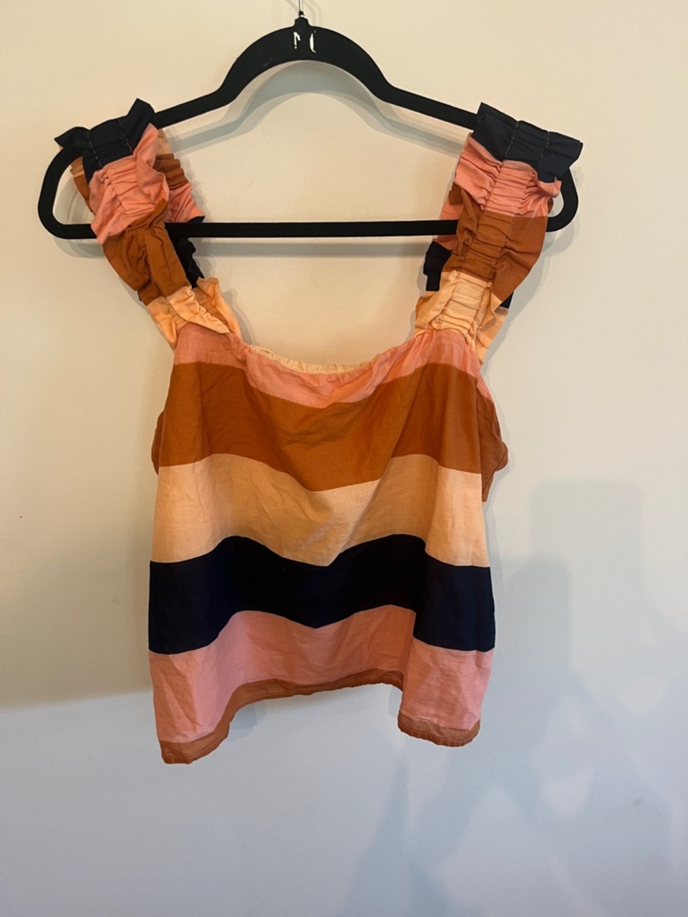 Roan + Ryan Ruffled Strap Striped Tank Top in Peach, Rust & Navy